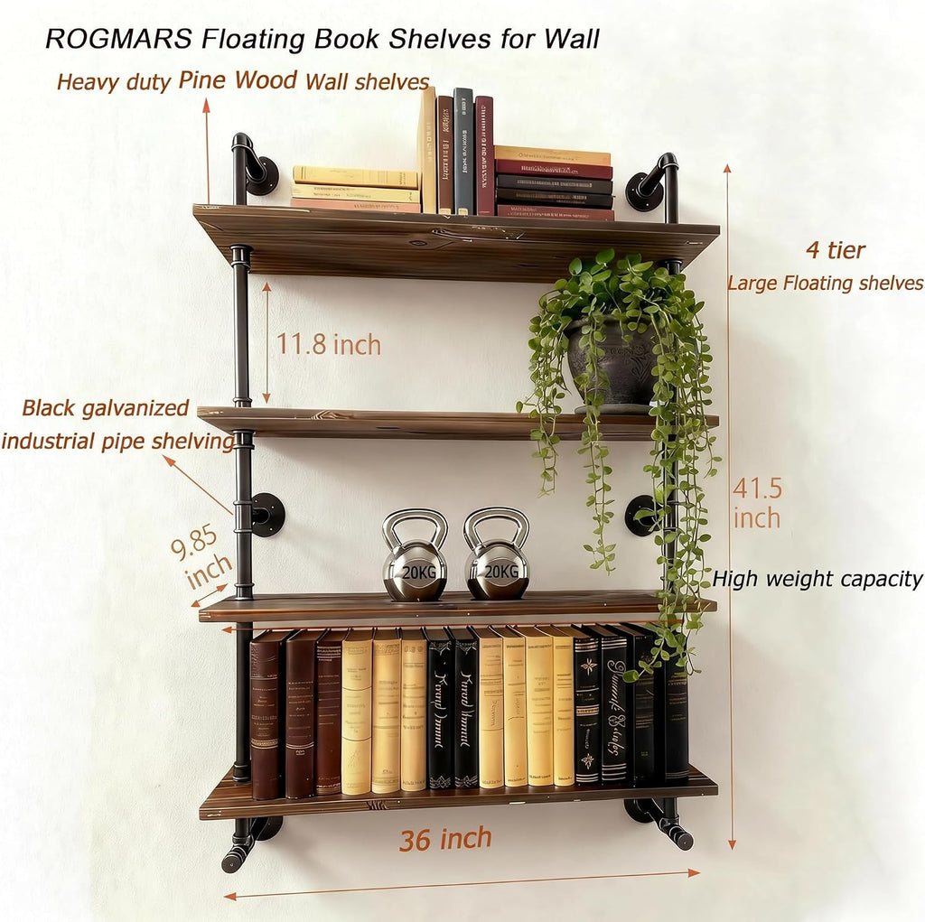 ROGMARS Floating Shelves for Wall,Solid Wood Shelves Industrial Pipe Shelving 36inch for wall Decor,Kitchen,Living Room
