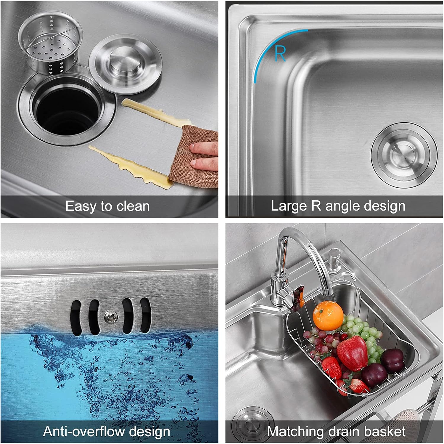 Freestanding Kitchen Sink Commercial 304 Stainless Steel Single Bowl Sink with Storage Shelves Restaurant Bar Sink Utility Washing Hand Basin 28x18.5x29.5inch