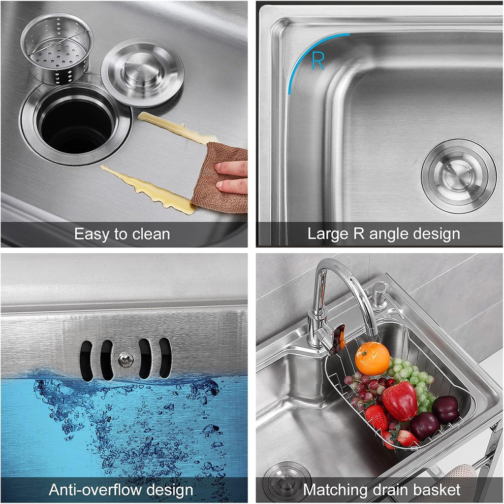 Free Standing 1 Compartment Single Bowl Sink Stainless Steel Commercial Kitchen Prep Utility Sink with Faucet and Storage Shelves, Fit for Restaurant Kitchen