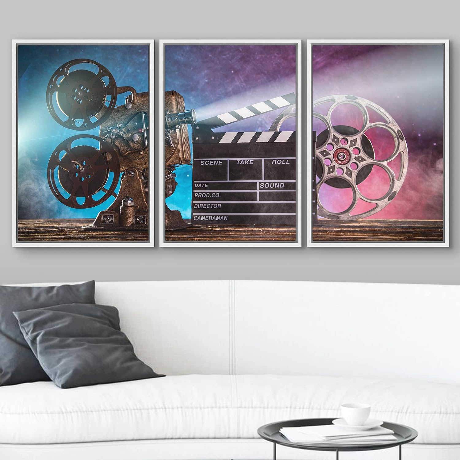 wall26 Framed Canvas Print Wall Art Set Hollywood Movie Projector Film Clapperboard Pop Culture Celebrities Photography Realism Decorative Scenic for Living Room, Bedroom, Office - 24'x36'x3 White