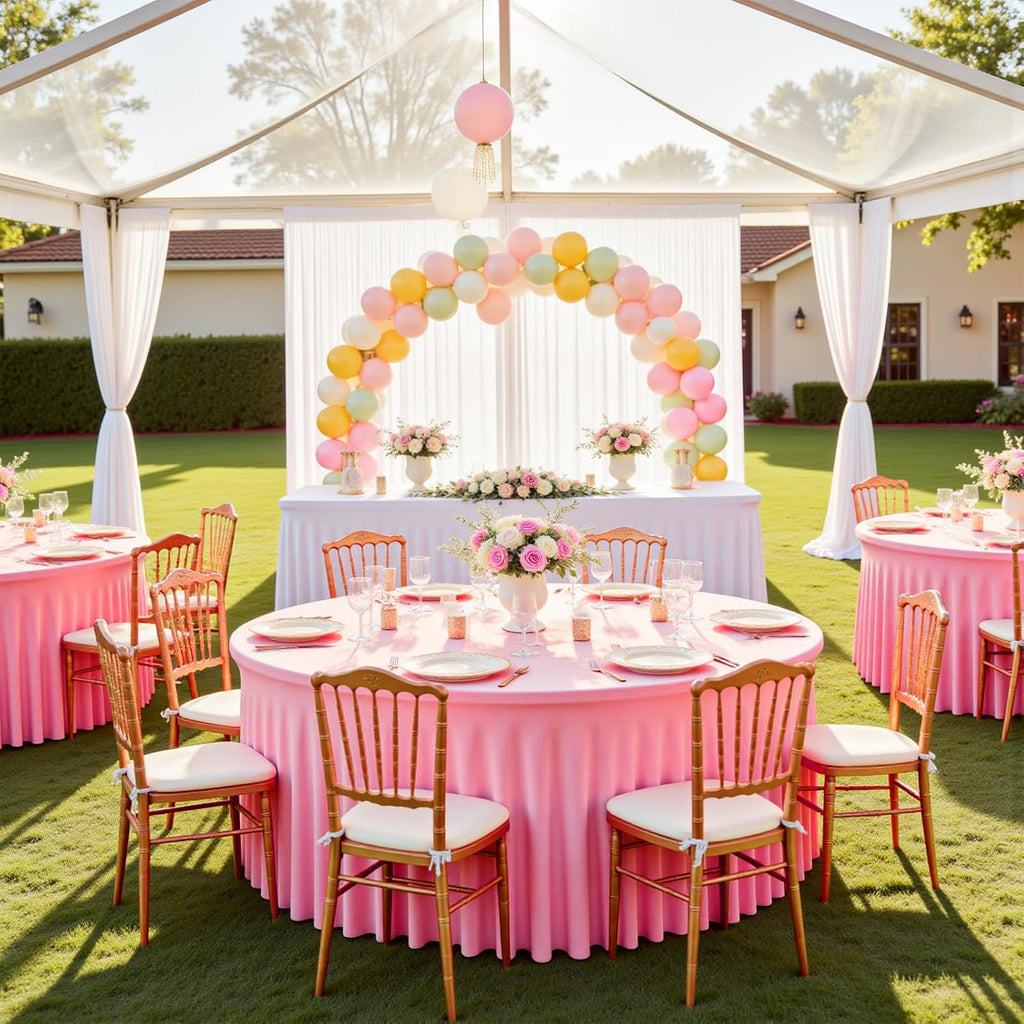 6 Pack Pink 72 inch Round Spandex Tablecloth,Wrinkle-Free Stretchy Fitted 6FT Round Tables,Elastic Edge with Skirt,Washable Tablecloths for Wedding Banquet Party Birthday Buffet