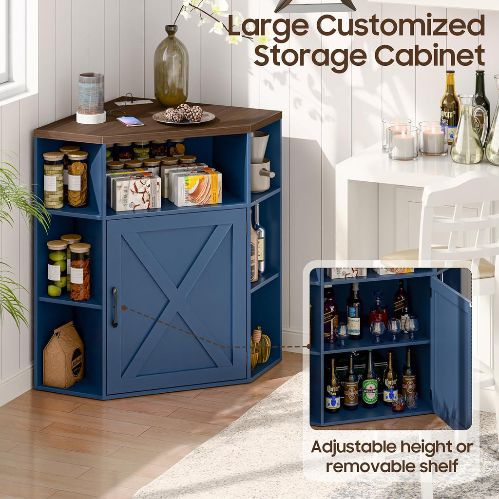 Halitaa Corner Storage Cabinet, Farmhouse Corner Bookshelf with Storage 6-Cubby Wooden Cabinet with USB Ports and Outlets Industrial Organizer for Small Space, Study, Playroom, Blue and Brown