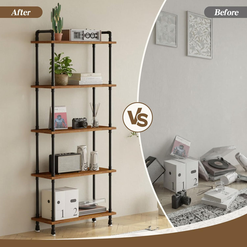 Industrial Bookshelf, Rustic Open Bookcase, 5 Tier Wood and Metal Bookshelf, Solid Pine Wood and Iron Pipe Tall Narrow Storage Shelf for Living Room Bedroom Office Kitchen