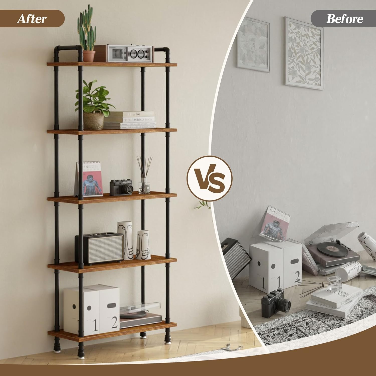 Industrial Bookshelf, Rustic Open Bookcase, 5 Tier Wood and Metal Bookshelf, Solid Pine Wood and Iron Pipe Tall Narrow Storage Shelf for Living Room Bedroom Office Kitchen