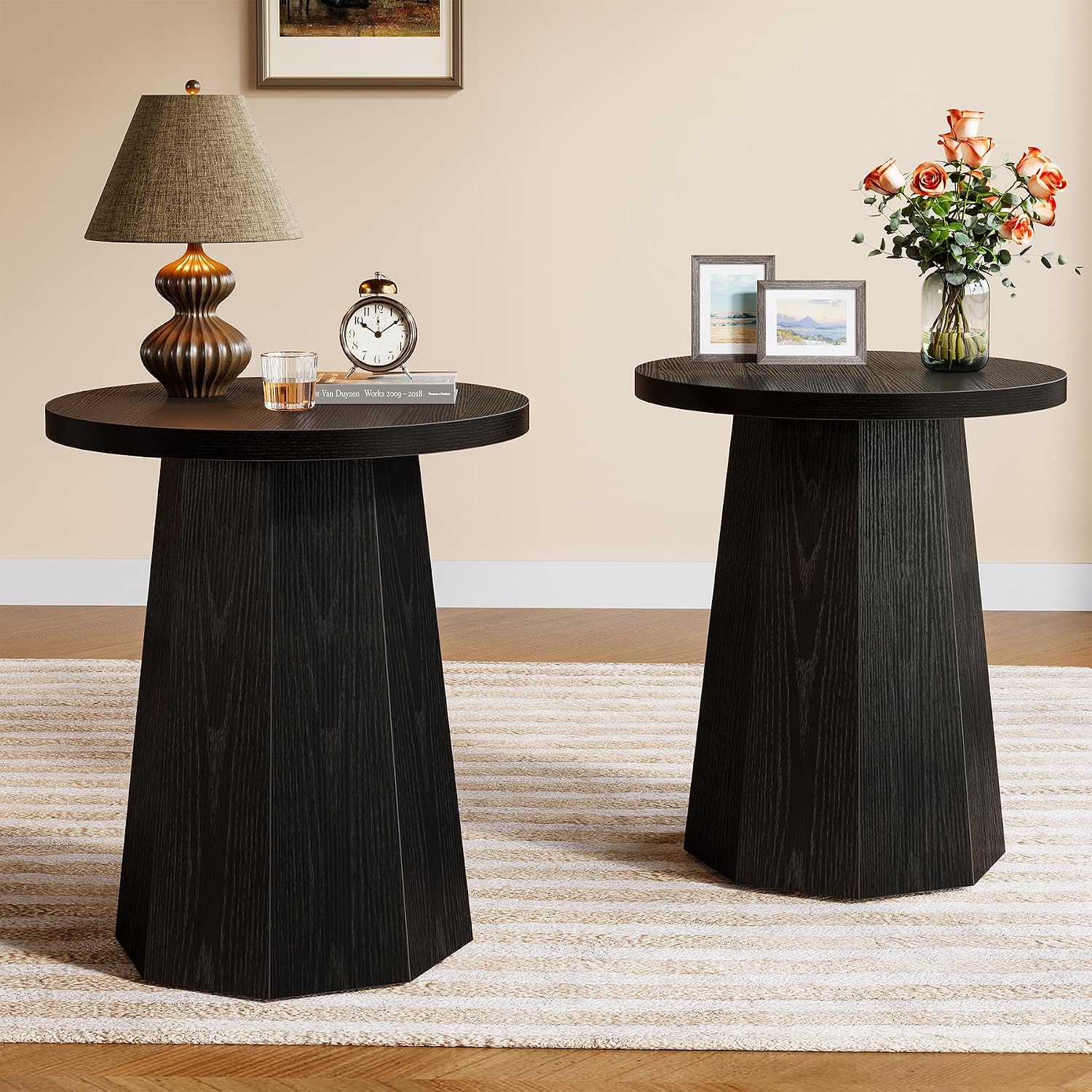 Tribesigns Round Pedestal End Table, Farmhouse Couch Side Table with Octagonal Base, Wooden Drink Stand Accent Nightstand(2, Black)