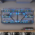 Wall Wine Rack Bar Shelves Liquor Shelf Wall Mounted with LED Light Diamond Shaped 3 Tier with Wine Glass Holder for Liquor Bottles for Home Bar Dining Room Kitchen(Black-Blue Light,150cm(59in))