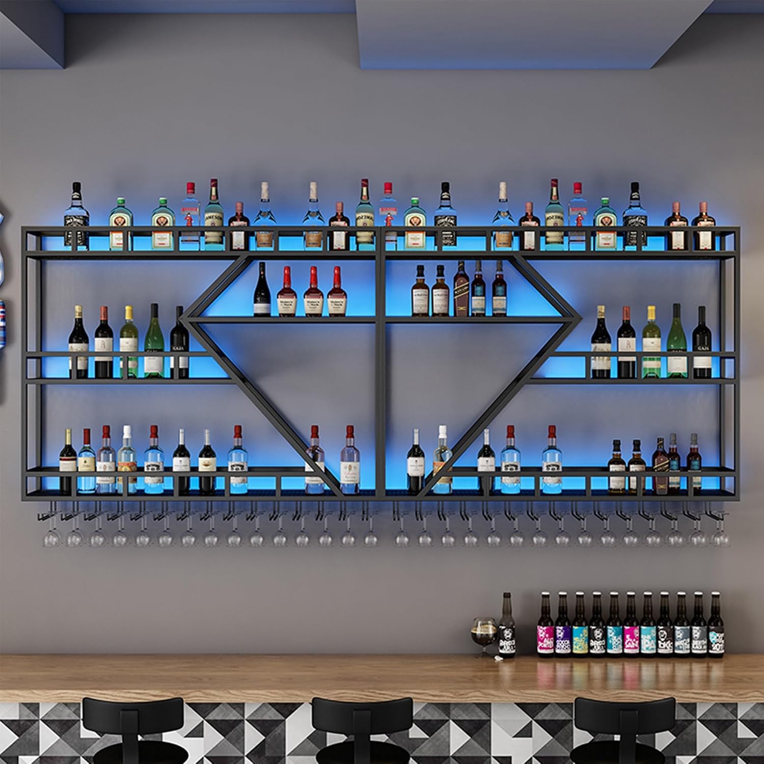 Wall Wine Rack Bar Shelves Liquor Shelf Wall Mounted with LED Light Diamond Shaped 3 Tier with Wine Glass Holder for Liquor Bottles for Home Bar Dining Room Kitchen(Black-Blue Light,150cm(59in))
