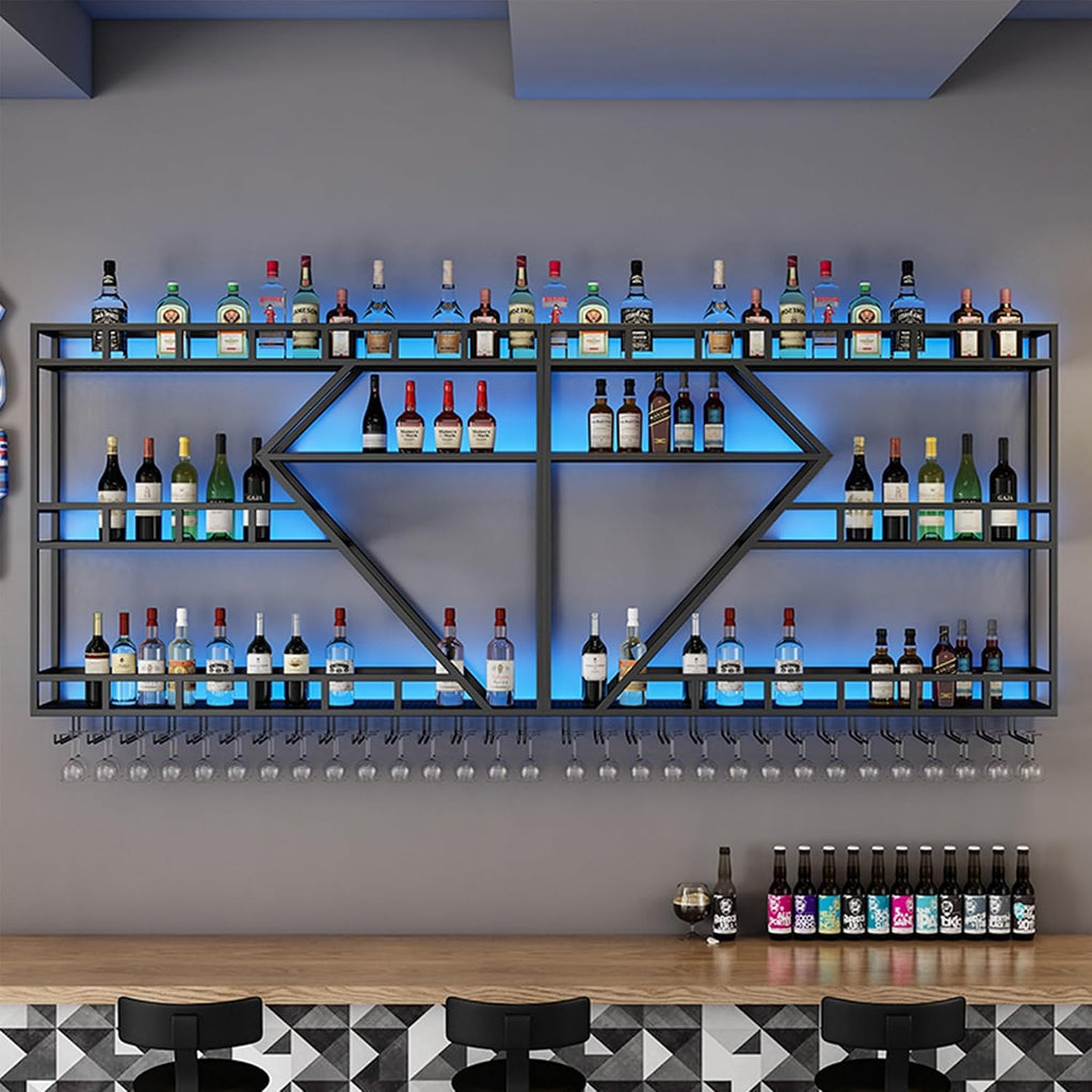 Wall Wine Rack Bar Shelves Liquor Shelf Wall Mounted with LED Light Diamond Shaped 3 Tier with Wine Glass Holder for Liquor Bottles for Home Bar Dining Room Kitchen(Black-Blue Light,180cm(71in))