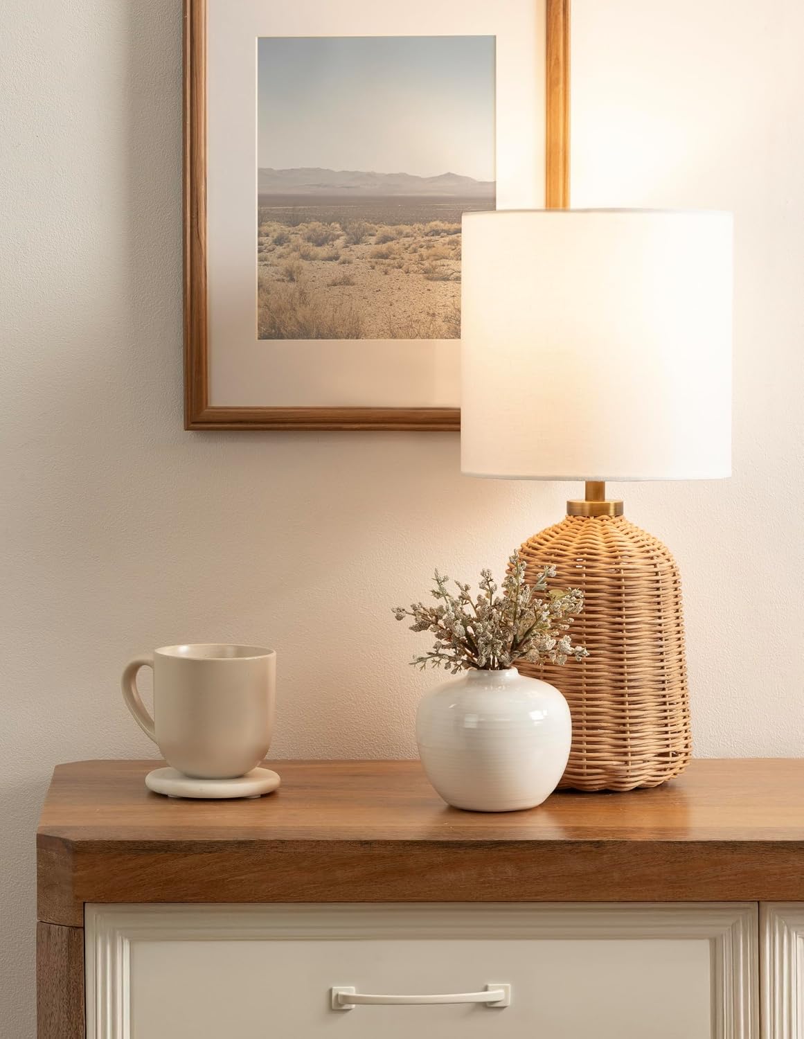 Kate and Laurel Wylla Modern Rattan Bedside Table Lamp, 8 x 8 x 18, Natural Rattan, Decorative Woven Tabletop Desk Lamp with Linen Shade for Living Room Decor