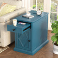 Multifunctional Classic Vintage End Table with USB Ports and 1 Drawer with Cup Holders, Sofa Side Narrow Table with Storage, Bedside Nightstand for Living Room Bedroom (Navy Blue-4.3)