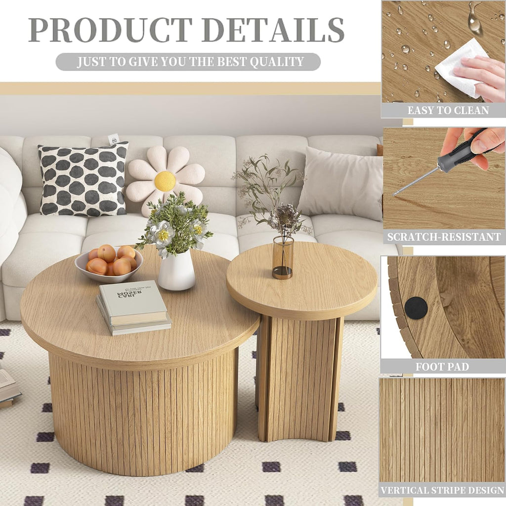 Mxtxmy Round Nesting Coffee Table Set of 2,Coffee Tables for Living Room,Round Coffee Tables with Wood Finish,Stackable Coffee Table Set,Rustic Sofa Side Table,Living Room Bedroom (Large Size)