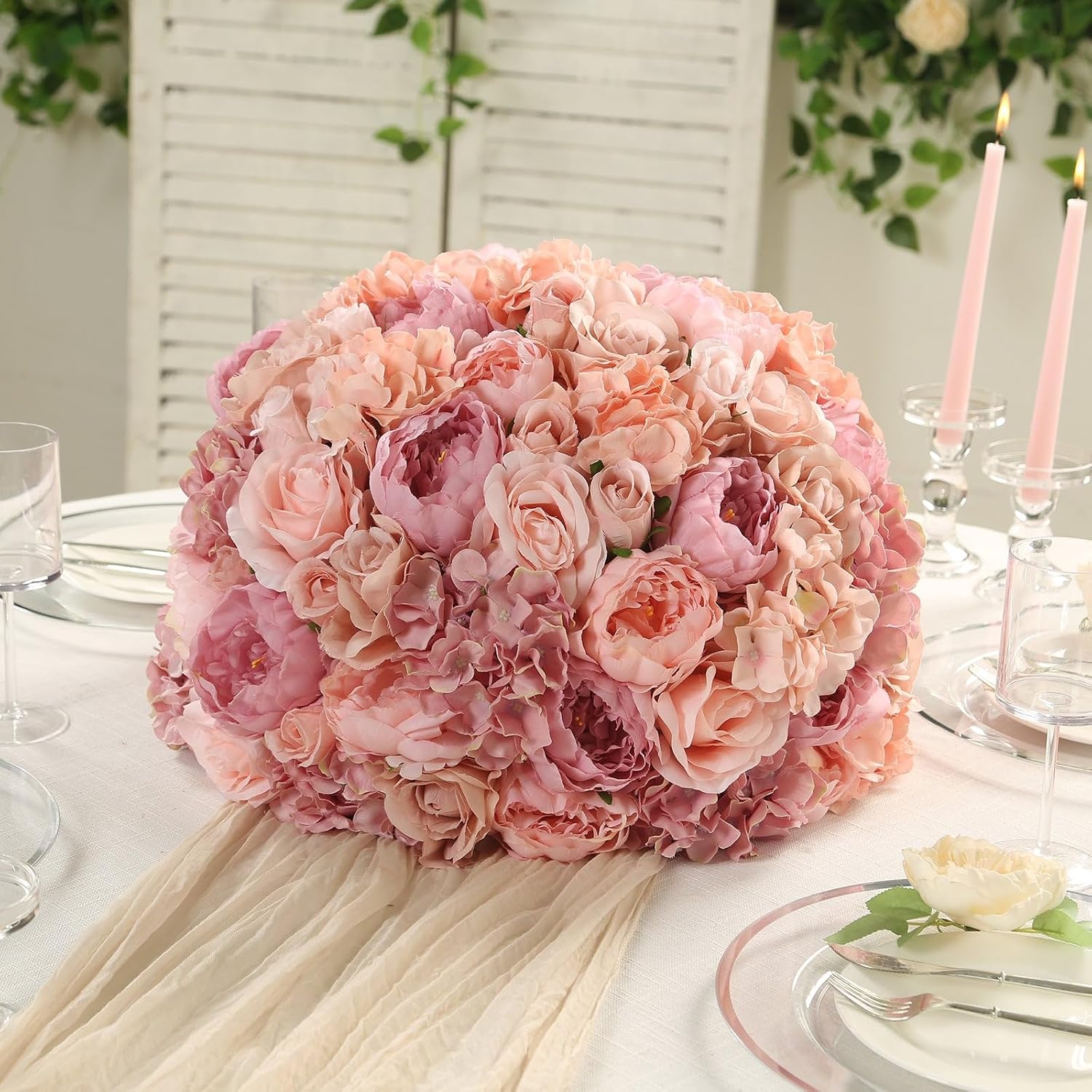 Efavormart 20 inch Blush Pre-Arranged Artificial Rose Flower Ball, Large High-Density Silk Rose Centerpiece Arrangement for Grand Wedding Staging and Floor Vases