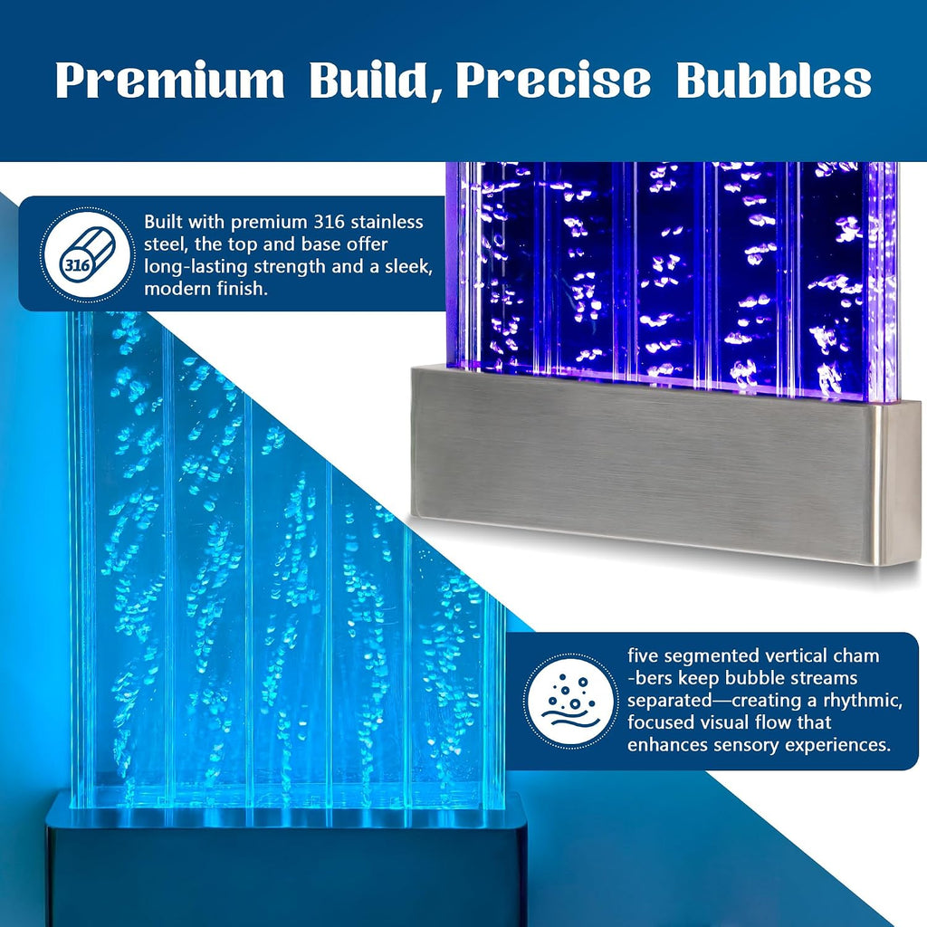 LED Sensory Bubble Wall – 24'x16' Stainless Steel Wall Panel with Floating Fish, Vertical Bubbles, Color-Changing Lights, Remote & APP Control for Sensory & Therapy Rooms