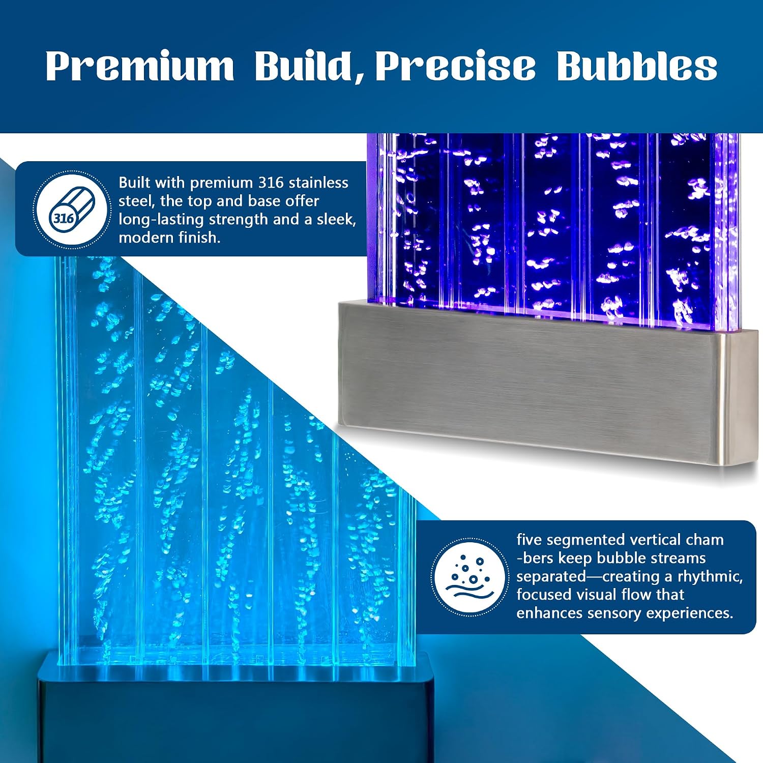 LED Sensory Bubble Wall – 24'x16' Stainless Steel Wall Panel with Floating Fish, Vertical Bubbles, Color-Changing Lights, Remote & APP Control for Sensory & Therapy Rooms