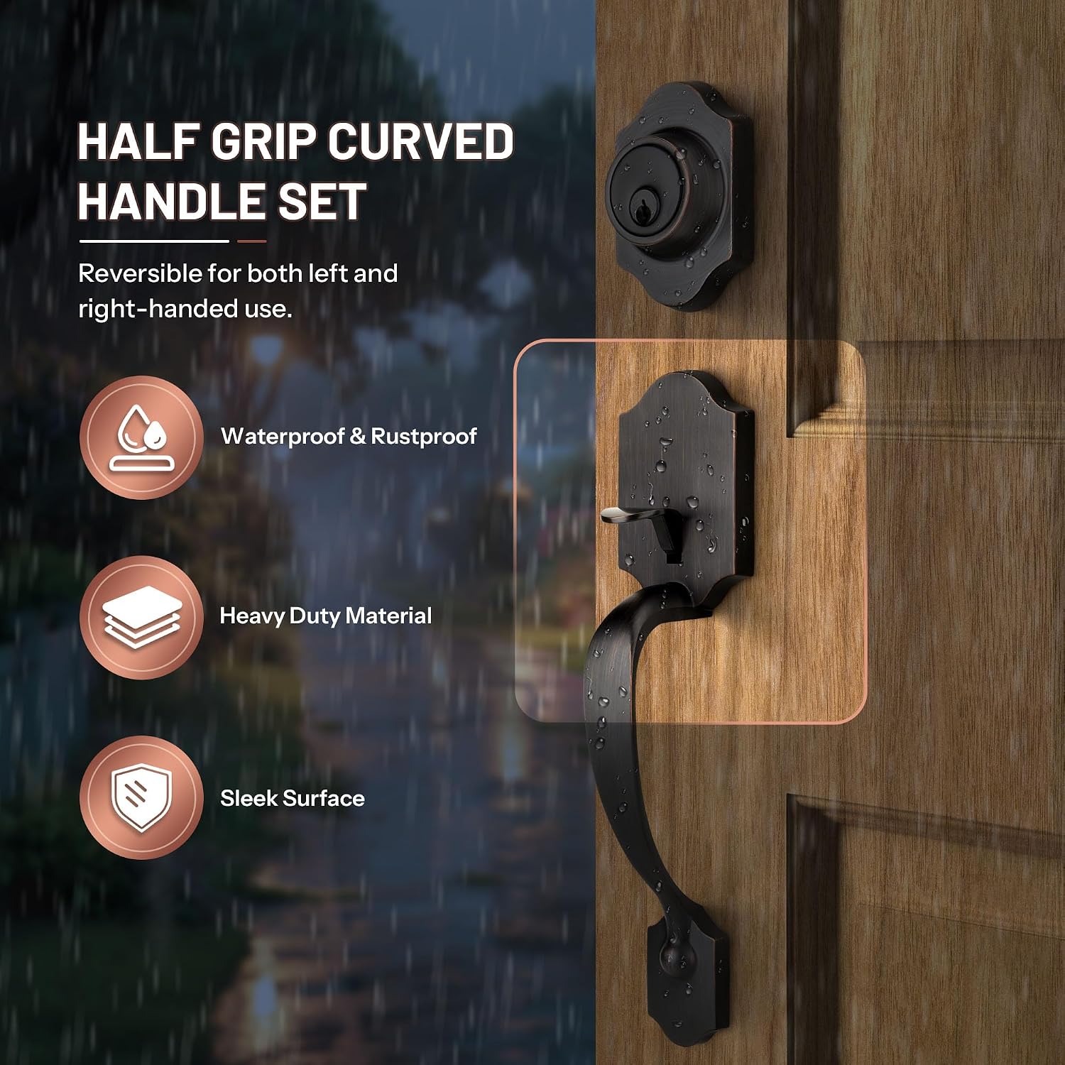 Double Front Door Handle Set with Dummy and Deadbolt, Entry Front Door Lock Set with Classic Half Grip Curved Door Handle for Exterior Doors or Office, Oil Rubbed Bronze