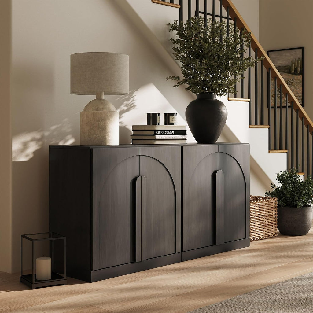 BELLEZE Set of 2 Modern Buffet Cabinets (63' Wide)-Large Sideboard Credenza with Arched Doors-Seamless Hidden Storage Console for Dining Room & Living Area-Ebony