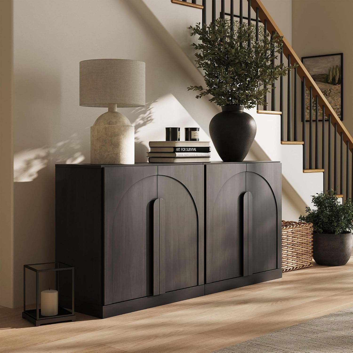 BELLEZE Set of 2 Modern Buffet Cabinets (63' Wide)-Large Sideboard Credenza with Arched Doors-Seamless Hidden Storage Console for Dining Room & Living Area-Ebony
