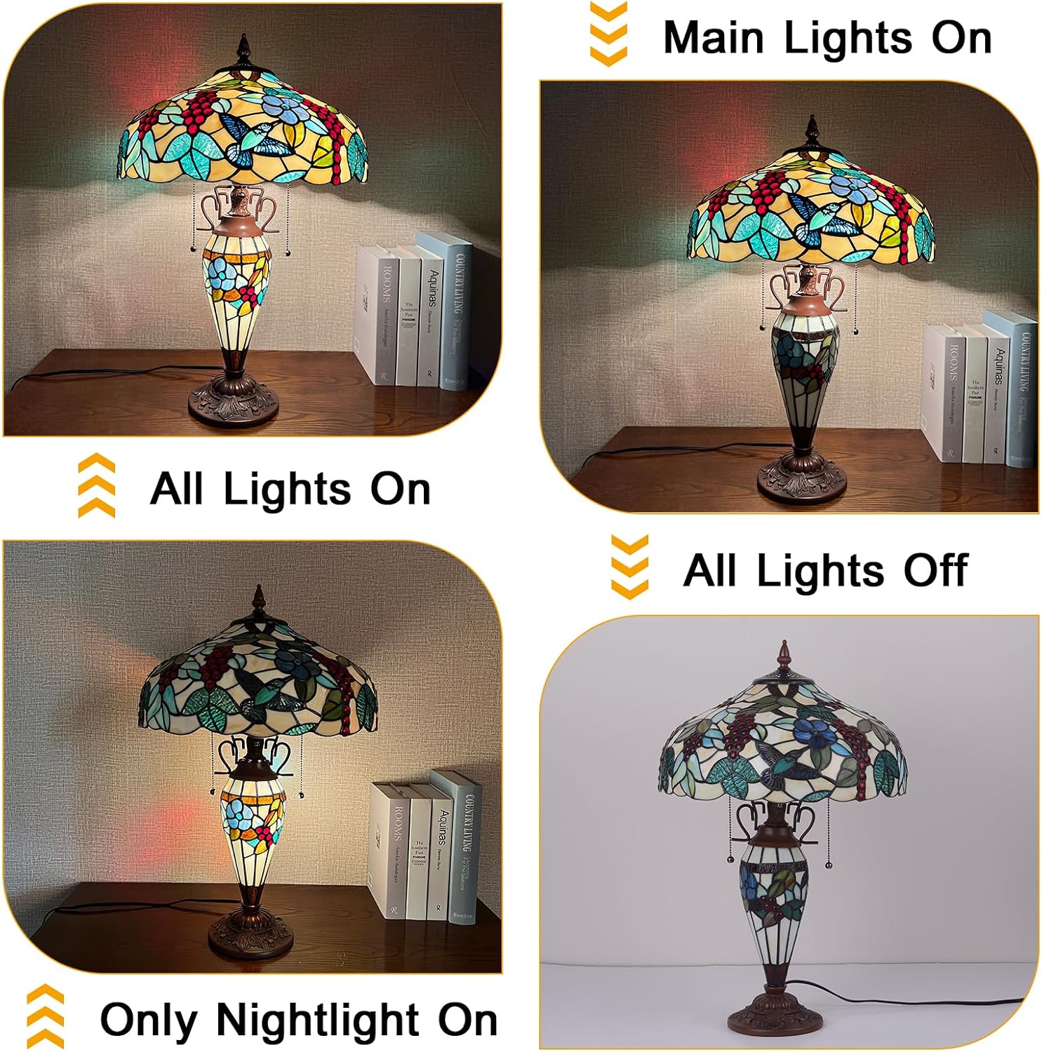 Capulina Tiffany Lamp Stained Glass Table Lamp with Nightlight 3-Light 16X16X25 Inches Mother-Daughter Vase Grape Tiffany Style Desk Lamp for Home Office Living Room Bedroom