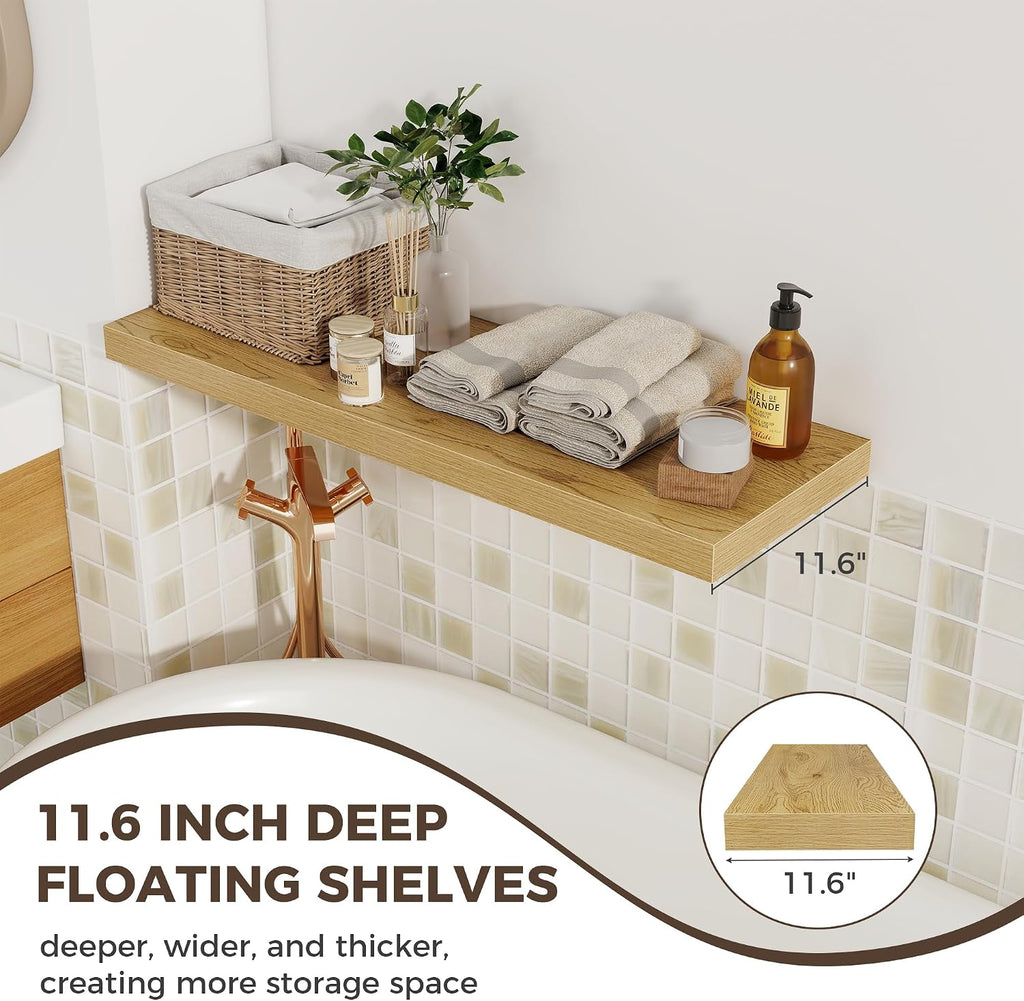Fun Memories Deep Floating Shelves, 36' W x 12' D Wood Floating Shelves for Wall, 3 Pack Extra Deeper & Thicker Wall Mounted Storage Shelf for Living Room Laundry Room Kitchen Home Office, Oak