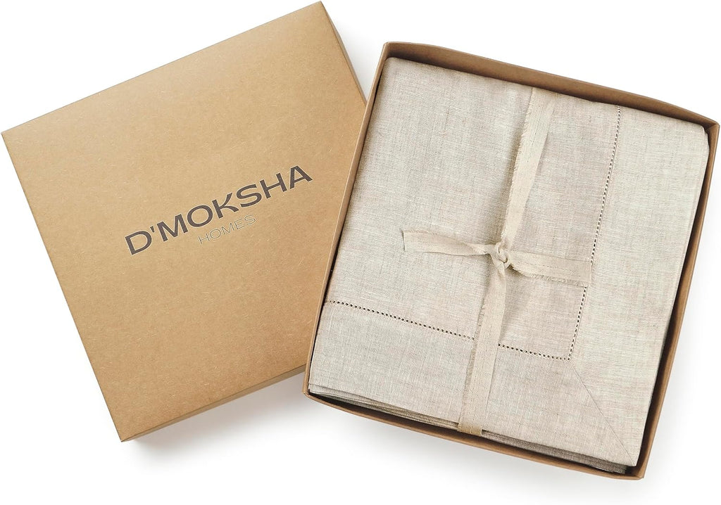 D'Moksha Homes Light Natural Linen Tablecloth 60 x 156 Inch - 100% Pure Linen Natural Tablecloth for Rectangle Tables - Classic Hemstitch, Machine Washable Table Cloth for Mothers Day, Spring