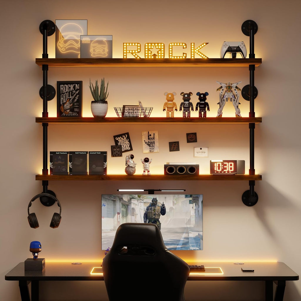 ROGMARS LED Gaming Floating Shelves for Wall,Industrial Pipe Shelving 48 inch Coffee Bar Shelves Wall Mounted,Display Book Shelf with Light for Gaming Room Living Room Bedroom Kitchen Garage