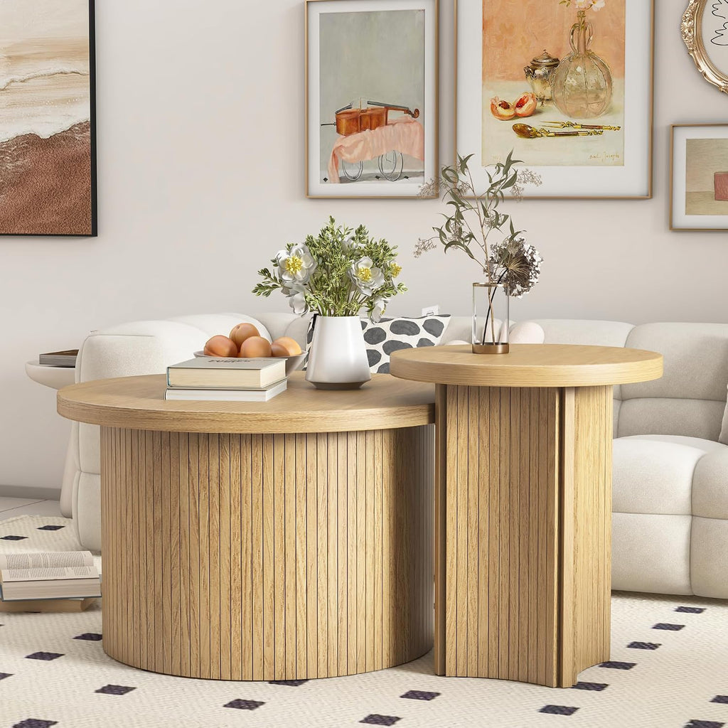 Mxtxmy Round Nesting Coffee Table Set of 2,Coffee Tables for Living Room,Round Coffee Tables with Wood Finish,Stackable Coffee Table Set,Rustic Sofa Side Table,Living Room Bedroom (Large Size)