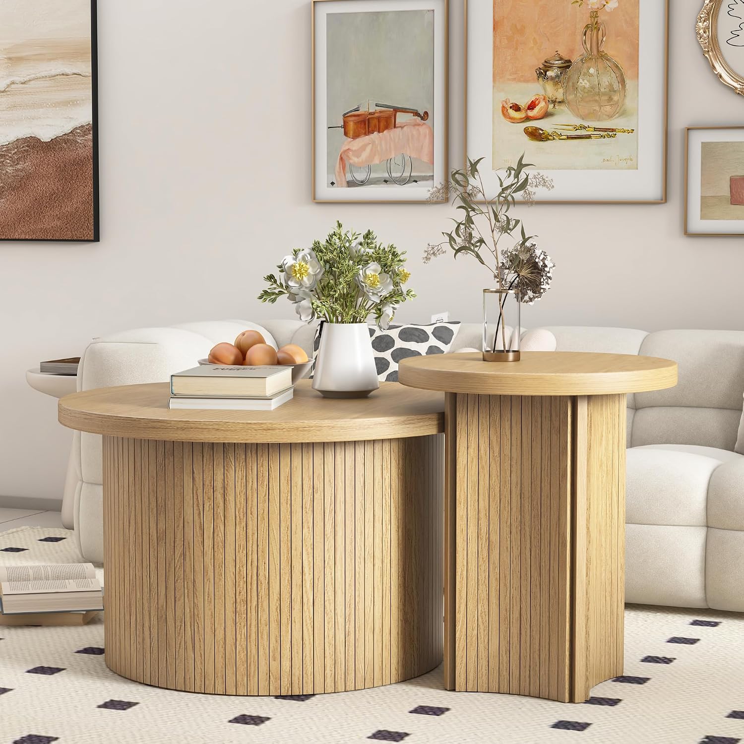 Mxtxmy Round Nesting Coffee Table Set of 2,Coffee Tables for Living Room,Round Coffee Tables with Wood Finish,Stackable Coffee Table Set,Rustic Sofa Side Table,Living Room Bedroom (Large Size)