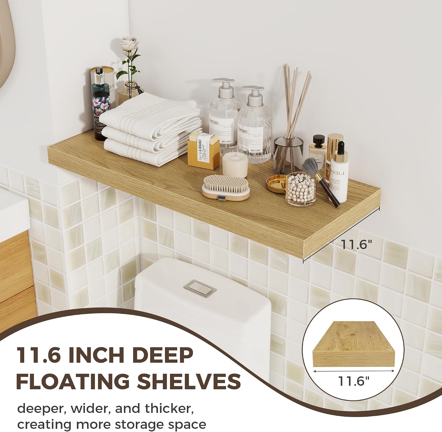 Fun Memories 12 Deep Floating Shelves for Wall | 30W x 12D Large Floating Shelves | 3 Pack Storage Space Wall Mount Shelf for Living Room Bathroom Toilet Laundry Room Kitchen Home Office - Oak
