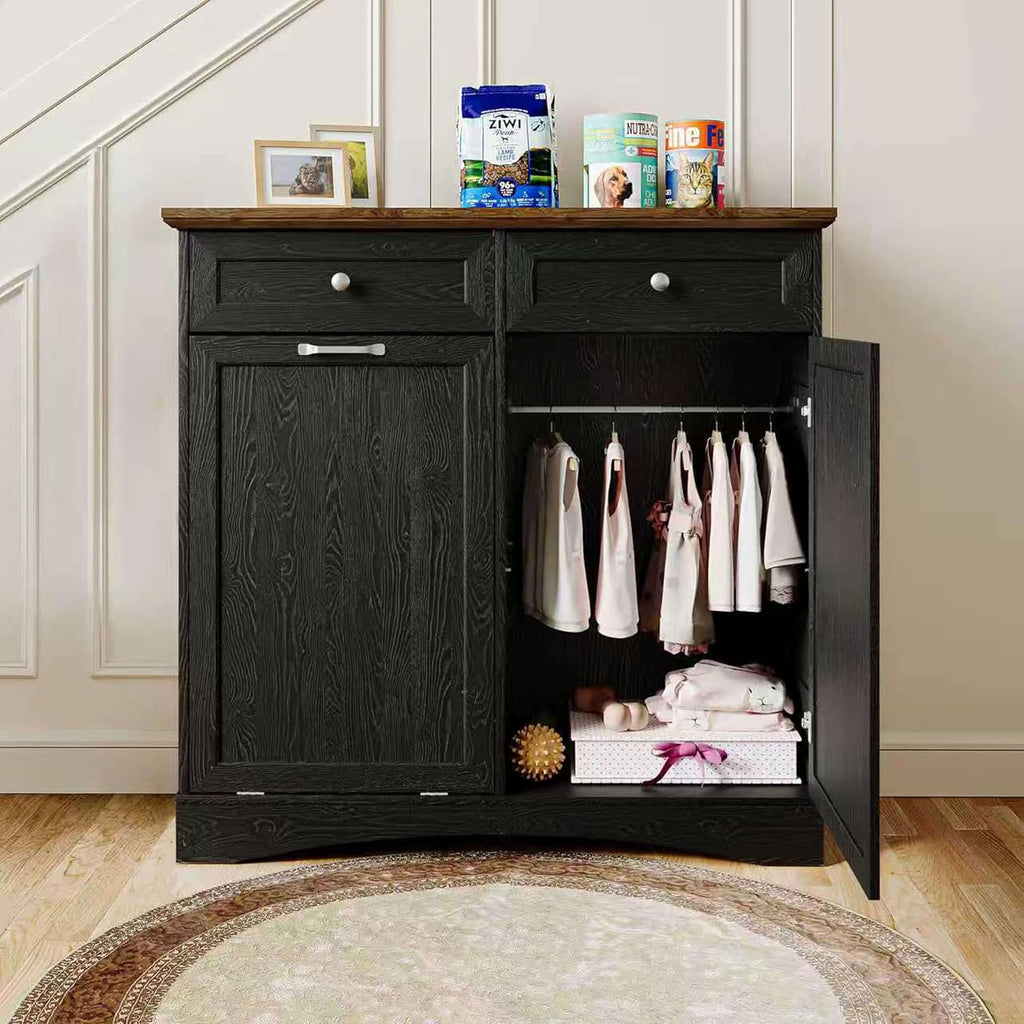 FIMELLO 39.7''W Dual Doors Dog Food Storage Cabinet, Tilt-Out Dog Feeding Station with 4 Feeding Bowls, Pet Feeder Cabinet, Black Grain