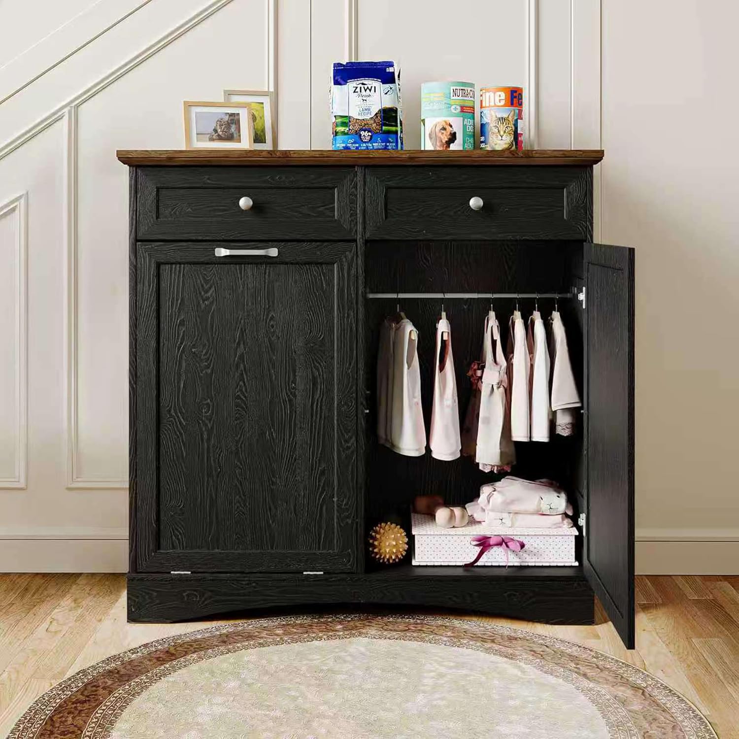 FIMELLO 39.7''W Dual Doors Dog Food Storage Cabinet, Tilt-Out Dog Feeding Station with 4 Feeding Bowls, Pet Feeder Cabinet, Black Grain
