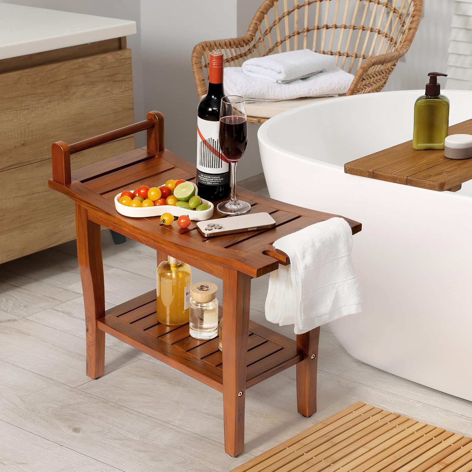 Axeman Premium Teak Shower Bench with Shelf – 24' 2-Tier Waterproof Shower Stool for Bathroom, Elderly & Shaving | Heavy-Duty 350lbs Capacity, Indoor & Outdoor Use