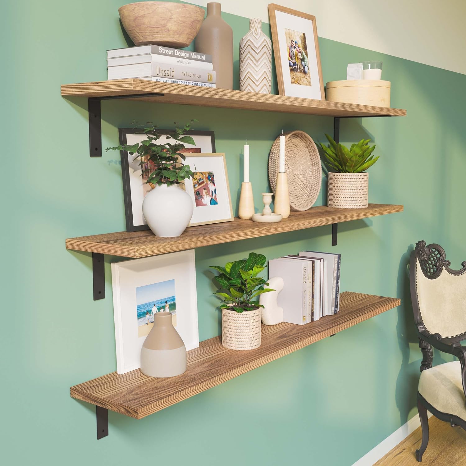 Wallniture Cervo 60 inch Long x 10 in Deep Floating Shelves for Wall Decor, Wall Bookshelf for Living Room, Shelves Home Office, Laundry Room, Floating Shelf Set of 3, Burnt, Wood