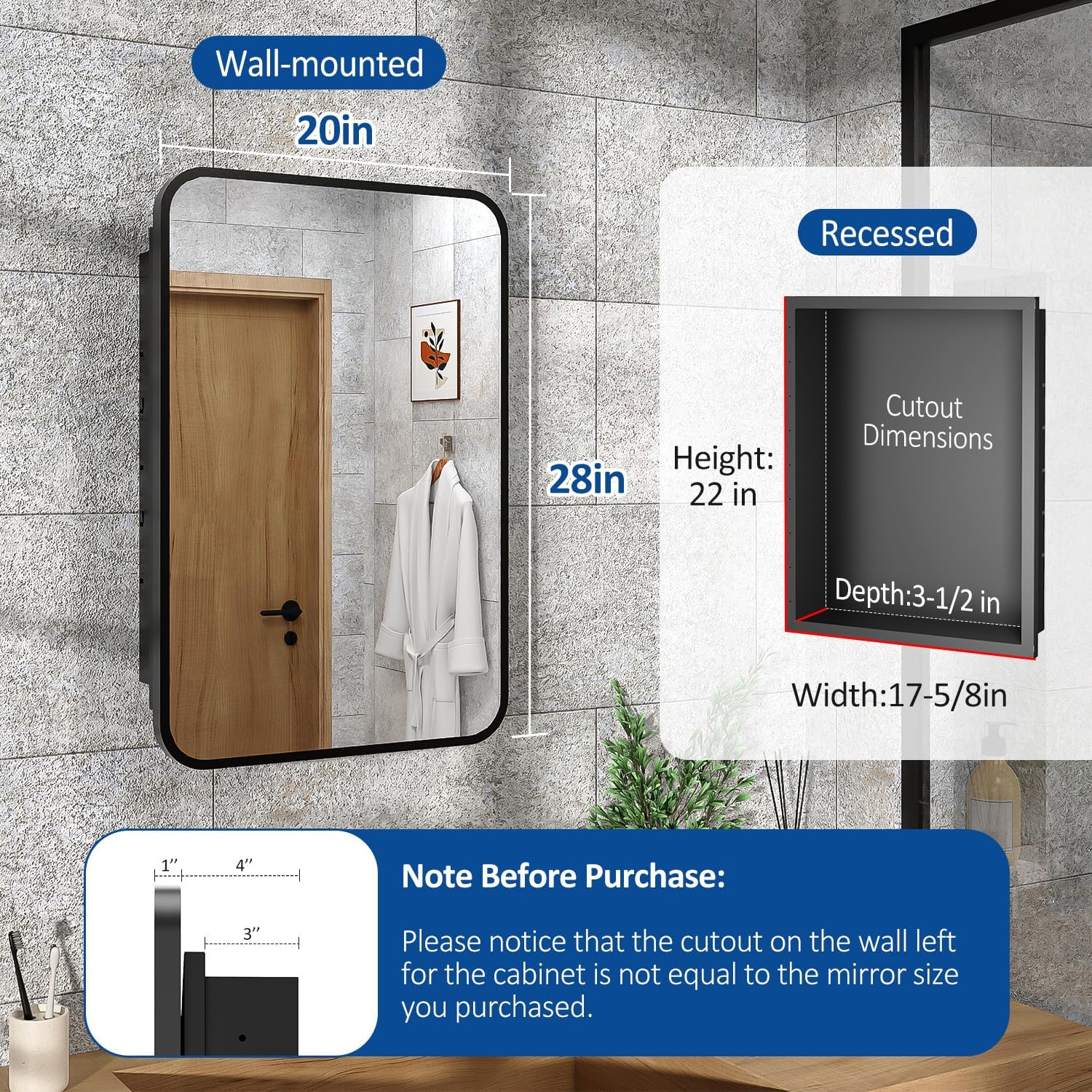 ACEMIRO 20x28 Inch Black Recessed Bathroom Medicine Cabinet with Mirror Metal Framed Farmhouse Surface Wall Mounted Mirrored Bathroom Medicine Cabinets