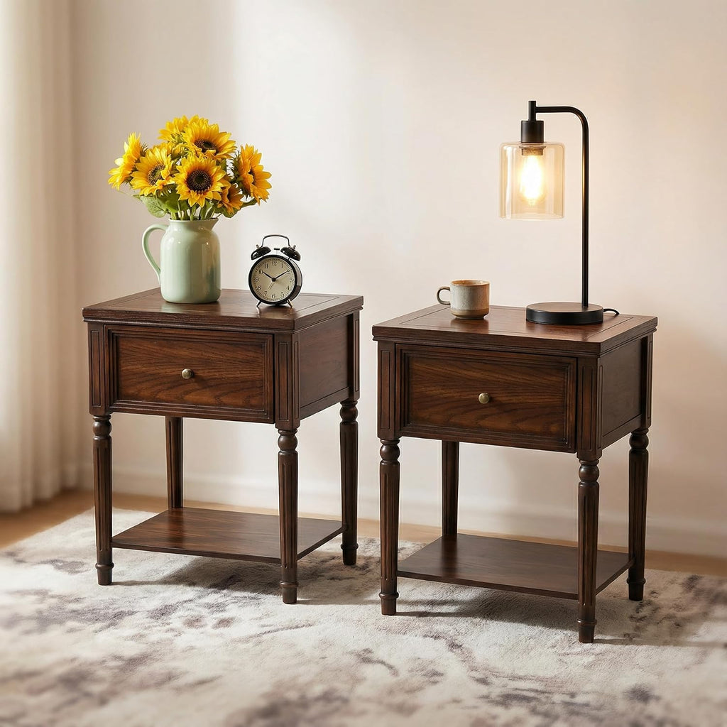 Chogori Solid Wood End Table with Drawer, 2PCS Sofa Side Table with Storage Shelves, Real Wood Beside Table Accent Table Nightstand for Small Spaces, Living Room, Easy Assembly (Walnut)
