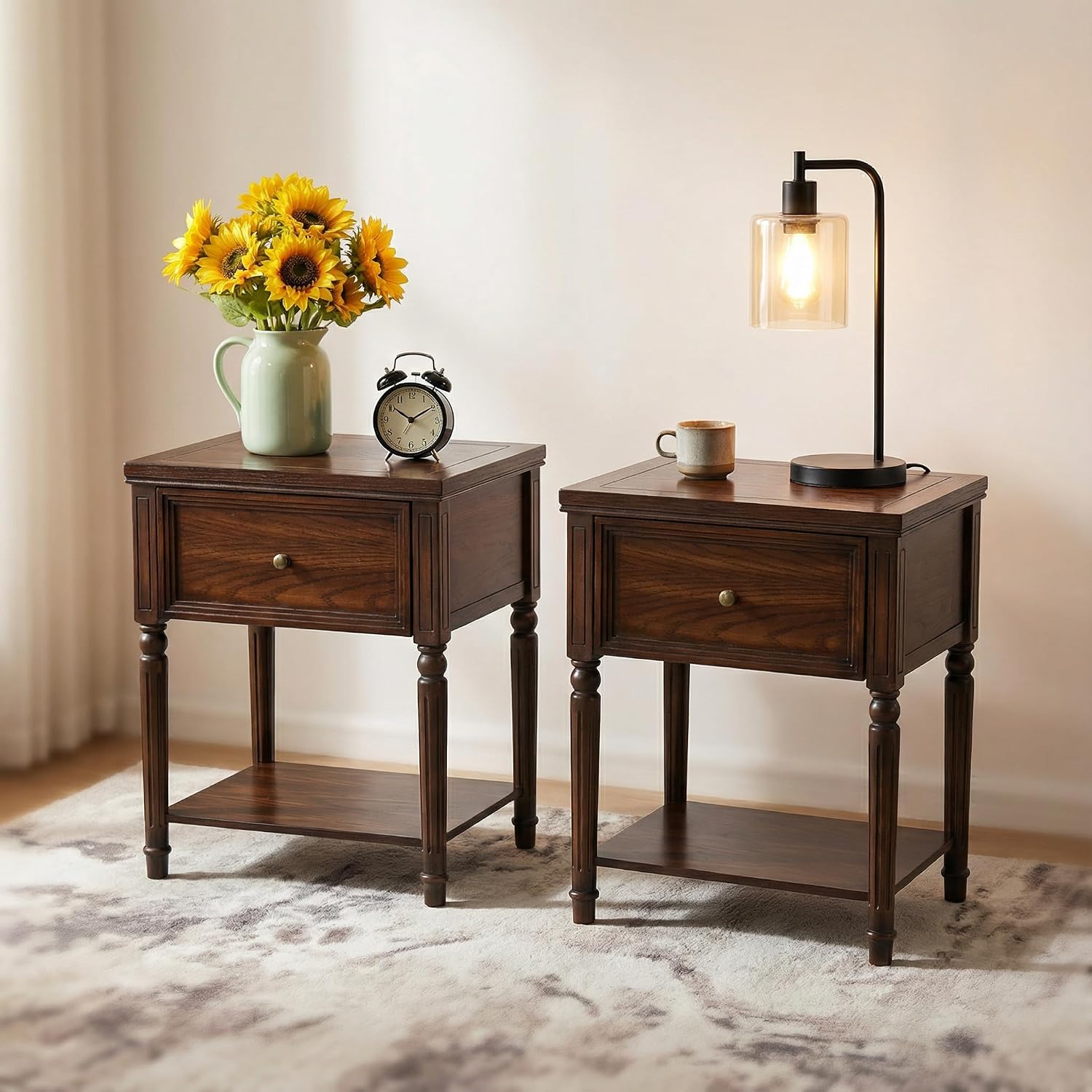 Chogori Solid Wood End Table with Drawer, 2PCS Sofa Side Table with Storage Shelves, Real Wood Beside Table Accent Table Nightstand for Small Spaces, Living Room, Easy Assembly (Walnut)