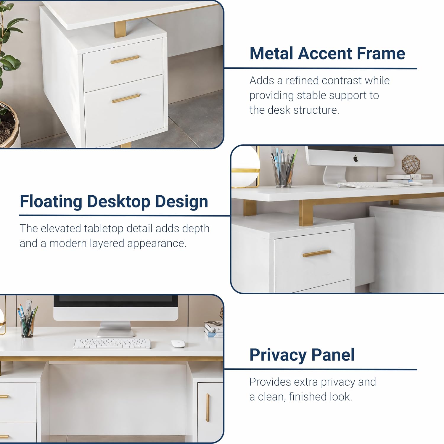 Techni Mobili Storage Drawers and Cabinet 51.25' W-Modern Office Large Floating Desktop Surface Desk, 23.6' D x 51.2' W x 29.8' H, White/Gold