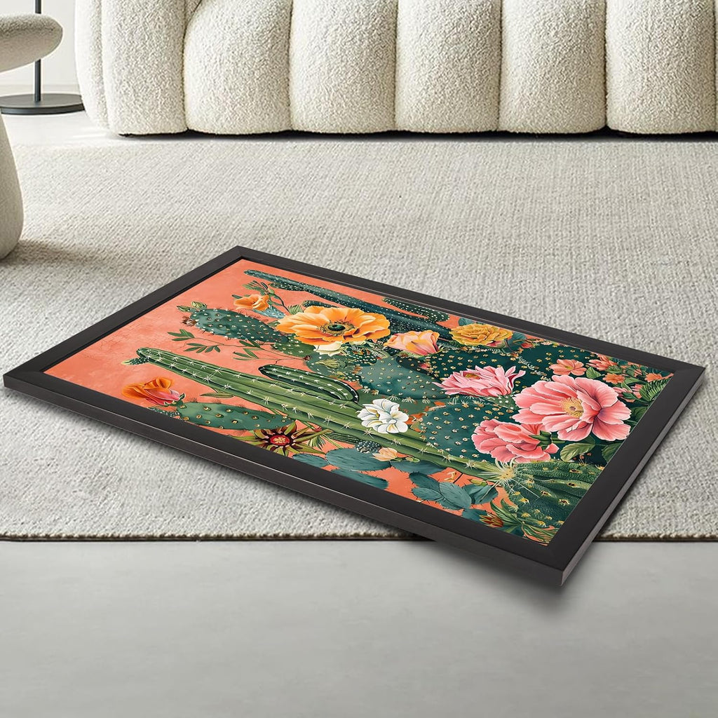 Black Framed Flat Retro Desert Landscape Poster Boho Cactus And Floral Canvas Wall Art Colorful Succulents Vibrant Blooms Prints Painting For Home Bedroom Dorm Wall Decor 24x36in Black Framed Flat