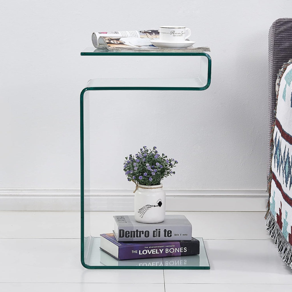 Glass Nightstand End Table, Clear S-Shaped Bedside Side Tables for Living Room, Sofa Bent Glass Table 16.55' D x 14.56' W x 24' H