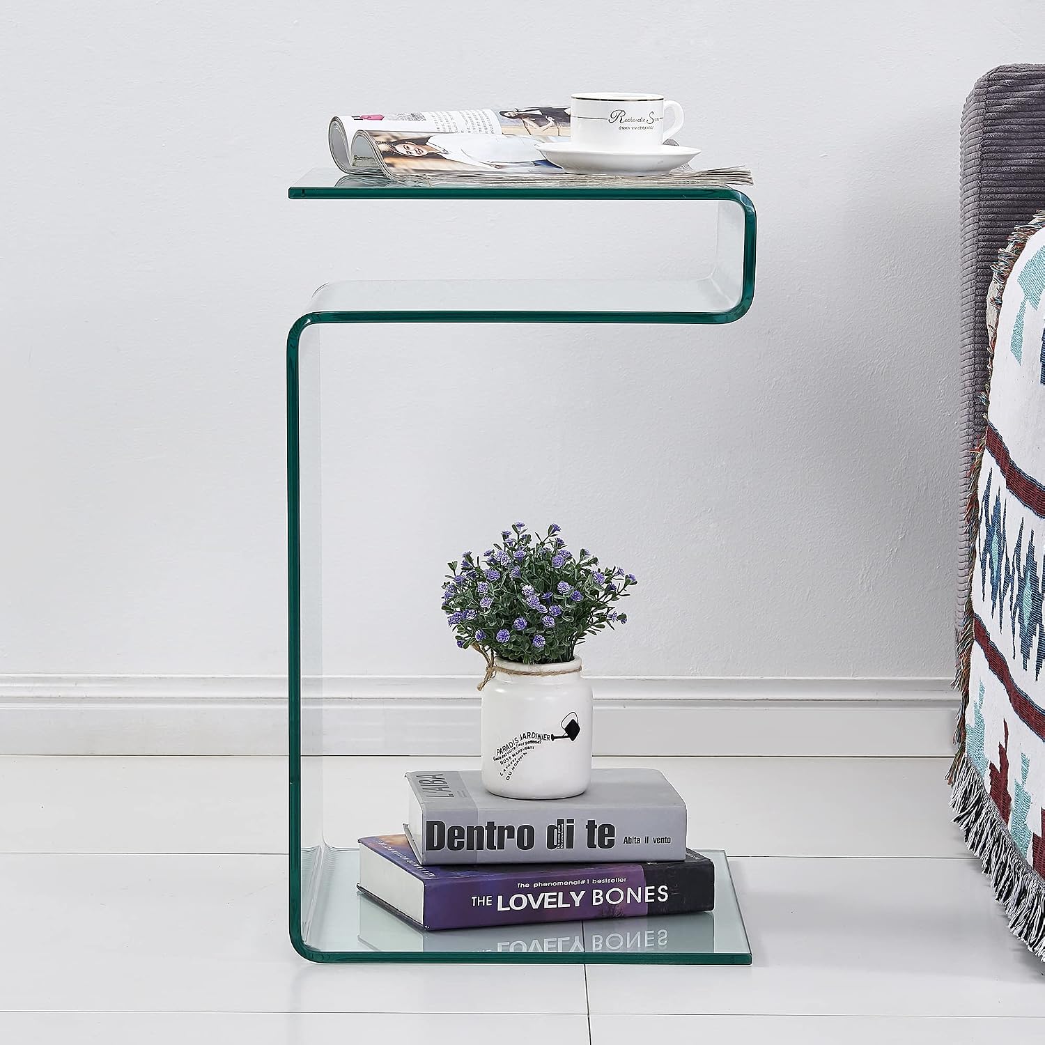 Glass Nightstand End Table, Clear S-Shaped Bedside Side Tables for Living Room, Sofa Bent Glass Table 16.55' D x 14.56' W x 24' H