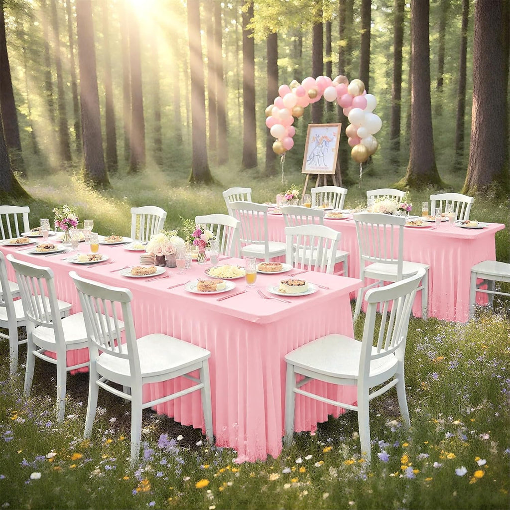 fani 6 Packs Pink Stretch Table Skirts for 8 Foot Rectangle Table, Washable Spandex Stretch Tablecloths with Skirt, Wrinkle Resistant Fitted Tablecover for Wedding Party Banquet