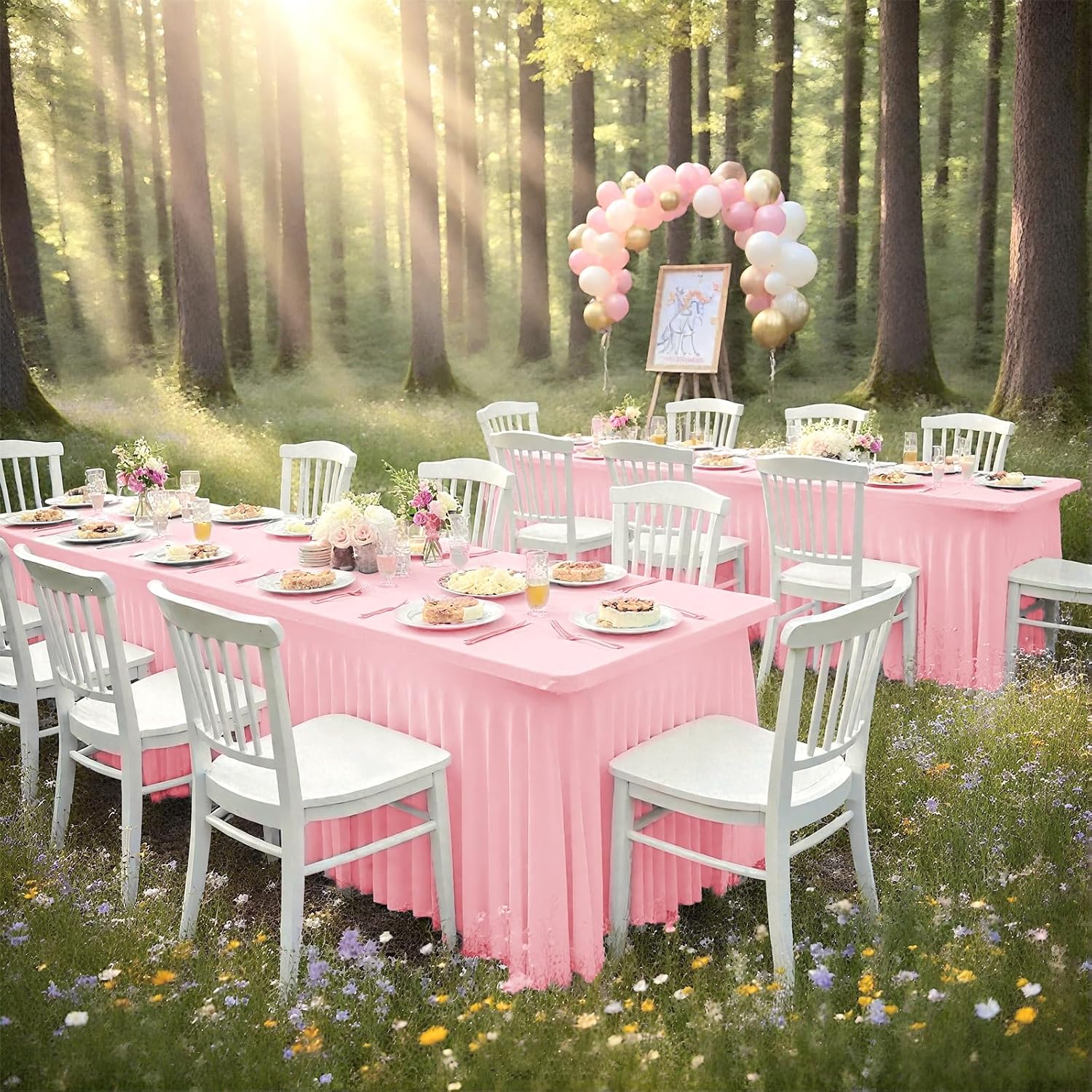 fani 6 Packs Pink Stretch Table Skirts for 8 Foot Rectangle Table, Washable Spandex Stretch Tablecloths with Skirt, Wrinkle Resistant Fitted Tablecover for Wedding Party Banquet