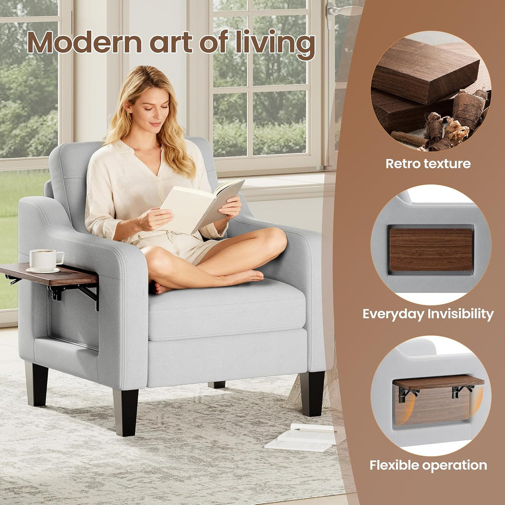 Accent Chair for Living Room Modern Linen Upholstered Armchair Side Wooden Fabric Sofa Chair with Foldable Table 2 Side Pockets Comfy Reading Chair for Bedroom