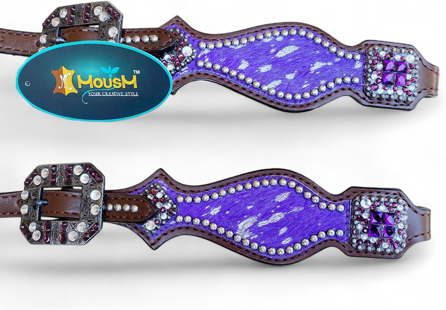Western Leather Headstall & Breast Collar Set for Horses - Valentine's Day Silver Metallic Cowhide with Rhinestones