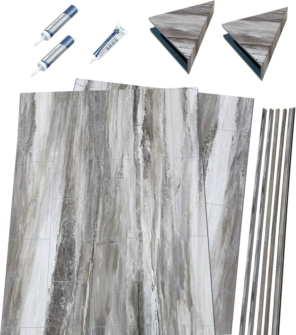 Palisade Vinyl Corner Shower Surround Kit 78in x 36in x 36in Louvre Granite | Waterproof PVC wall panels, grout-free design, bathroom renovation, coordinating trim, shelves, adhesive and sealant included