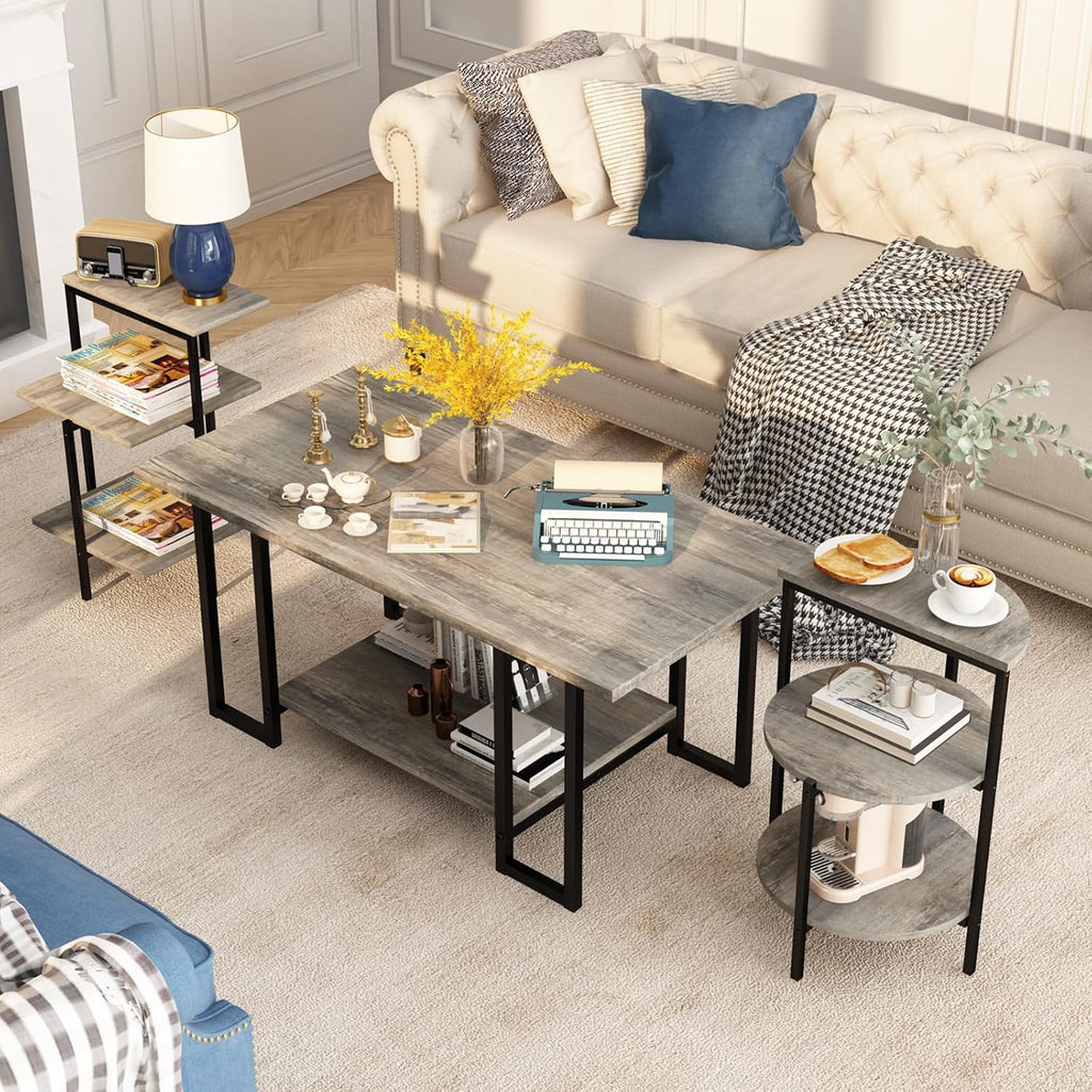 Lamerge Coffee Table Set of 3,Rectangle Coffee Table&2 Accent Table,Faux Marble Tabletop,3 Piece Living Room Table Sets with Multi Tier Storage, for Small Space, Apartment, Gray