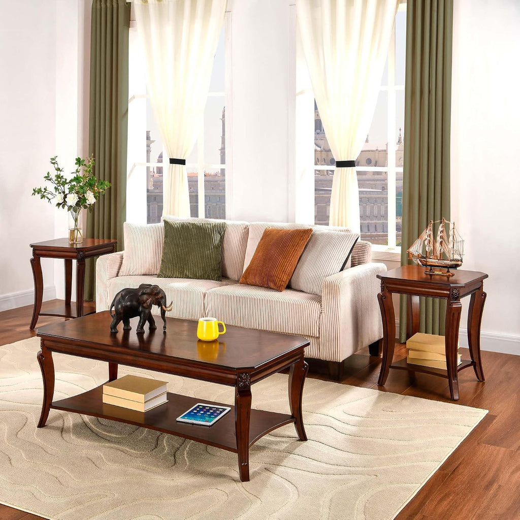 PADMA HOUSE Set of 2 Solid Wood Small End Table with Storage Shelf, Vintage Square Sofa Side Table with Splicing Tabletop and Curved Legs, 2-Tier Bedside Tables Nightstand in Cherry,19.7' Dx23.8 H