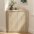 EYYTHUNG Corner Cabinet, Modern Handless Corner Floor Cabinet with 2 Doors and 2-Tier Shelves, Freestanding Narrow Organizer for Living Room Kitchen Bathroom, Light Oak