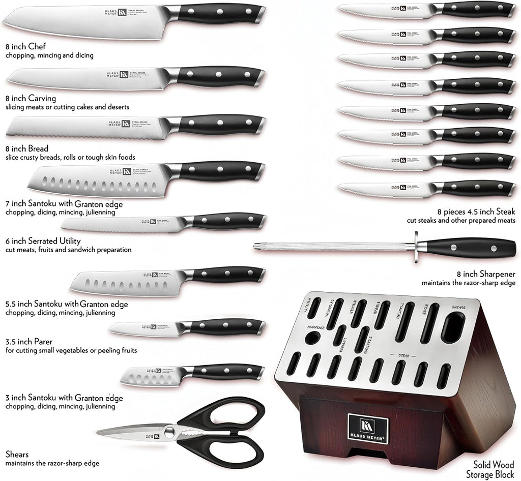 Klaus Meyer 19-Piece Knife Block Set with Sharpener, High Carbon German Stainless Steel (Stahl), Full-Tang Handles, Kitchen Knife Set (Black)