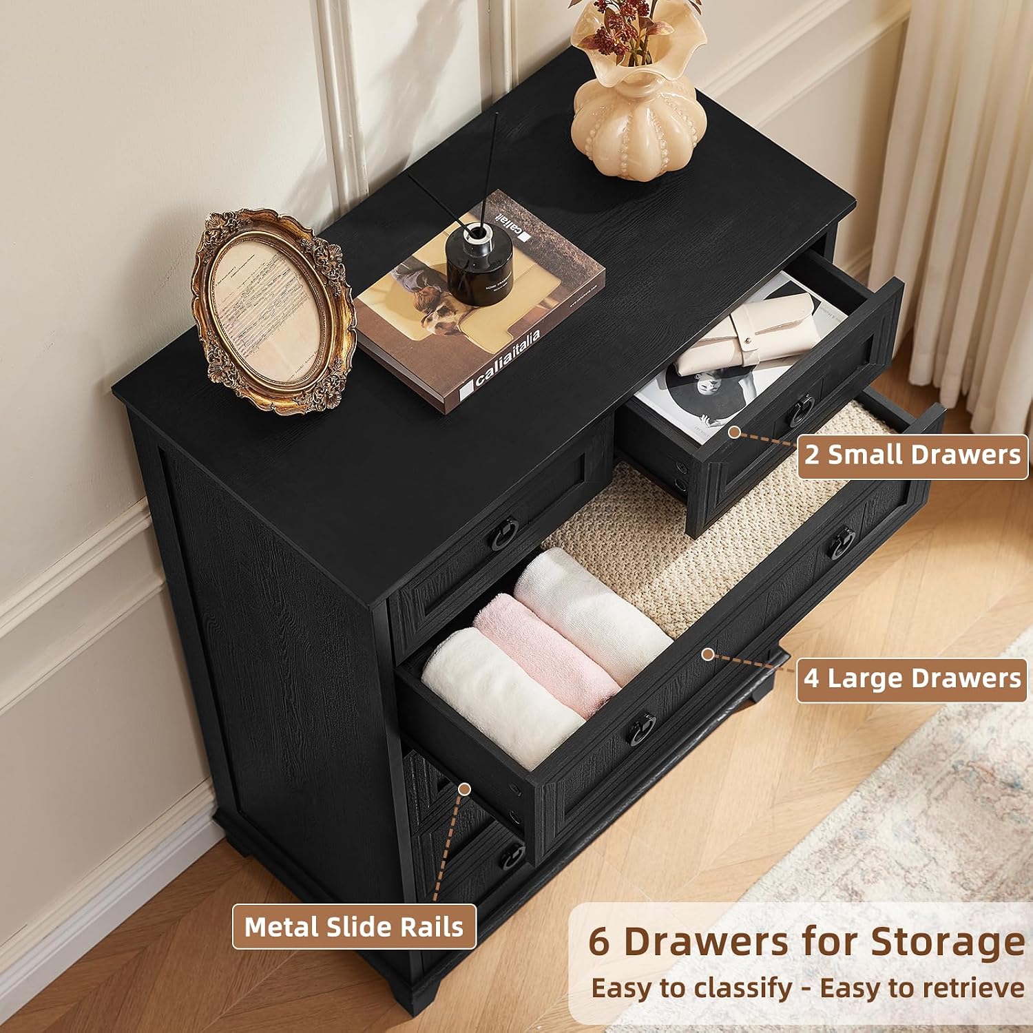 Joaxswe Farmhouse 6 Drawer Dresser for Bedroom Set of 2, 41' Tall Small Dressers & Chest of Drawers, Rustic Wood Dresser with Metal Handle, Storage Organizer Closet for Living Room, Hallway, Entryway