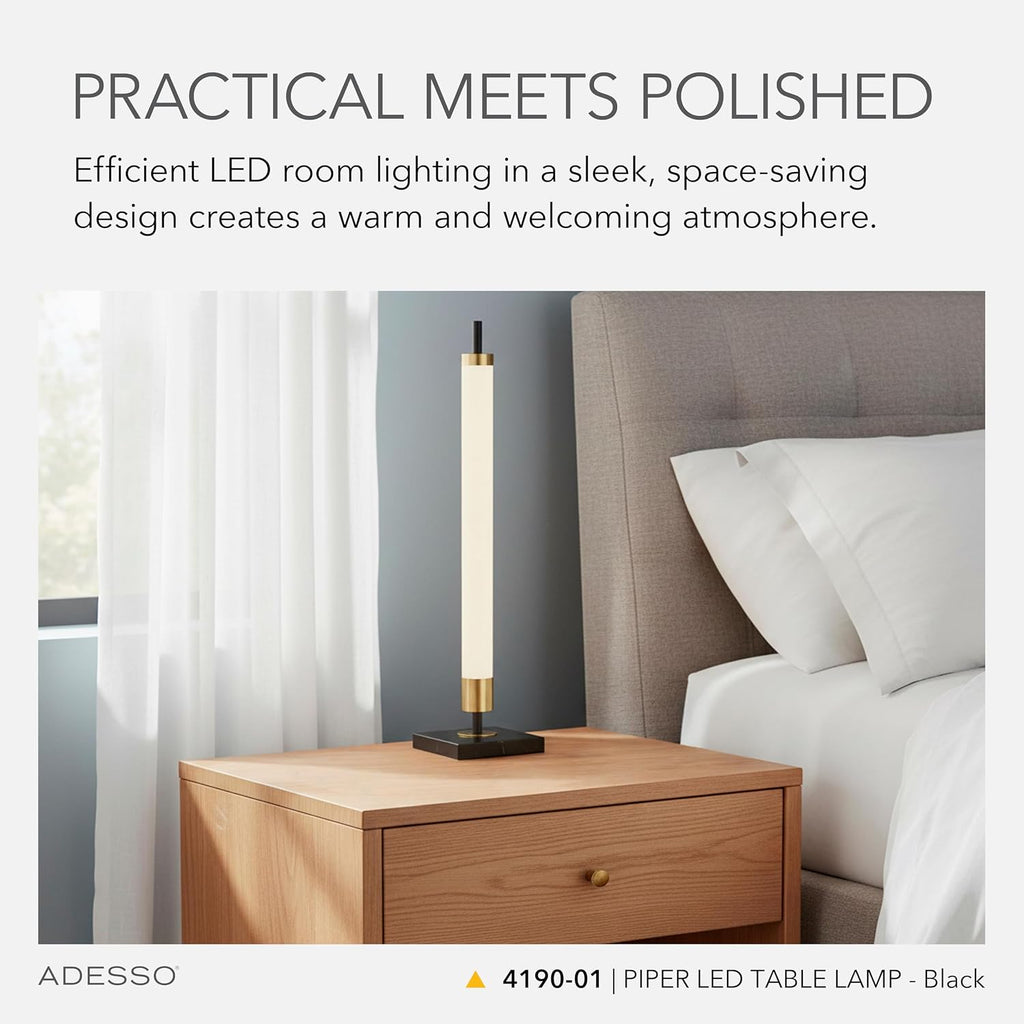 Adesso LED Table Lamp – Black with Antique Brass and Frosted Shade, 4-Way Brightness, 12W Integrated LED Accent Light for Living Room, Bedroom, and Home Office, 30' Tall